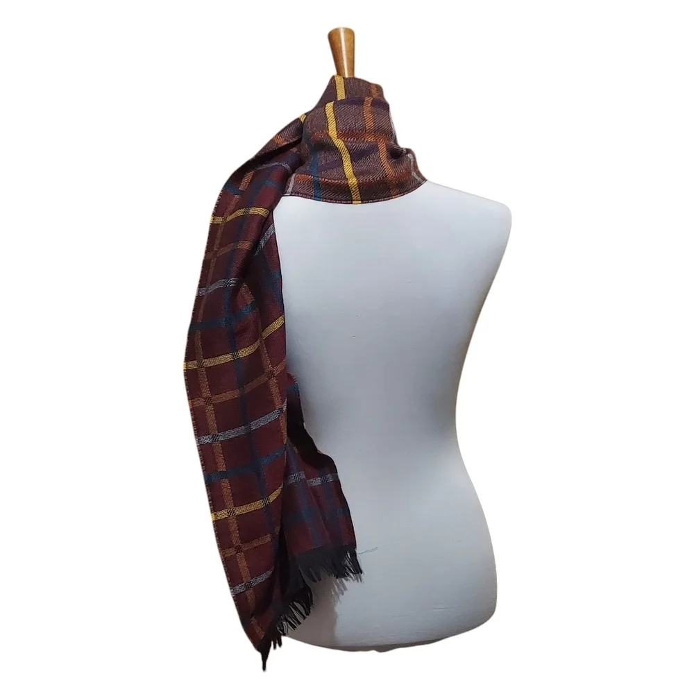 Chelsey by Joseph 100% Wool Burgundy Yellow Blue Plaid Fringed Scarf